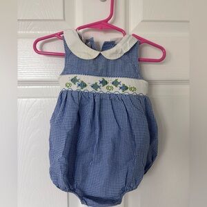 Blue Gingham smocked romper in perfect condition. Size 9 months